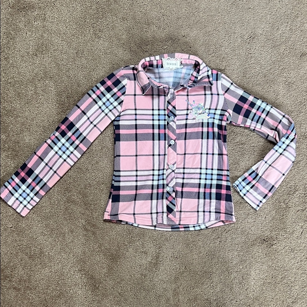 btween Pink and Navy Plaid Kids Button Down Shirt